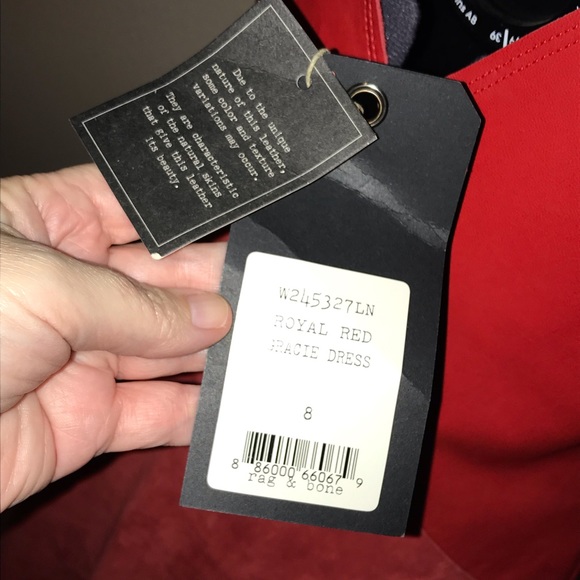 Red leather and suede asymmetric seam midi dress - Picture 4 of 7